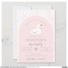 a pink and white swan birthday party card with the words harper's first birthday on it