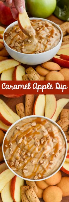 caramel apple dip with crackers and apples in the background