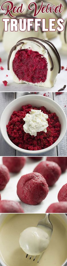 red velvet truffles with white cream being drizzled over them in a bowl