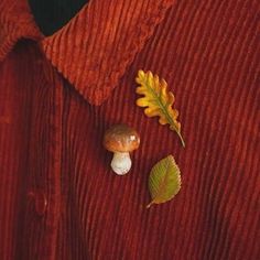 an orange corded shirt with two leaves and a mushroom on it