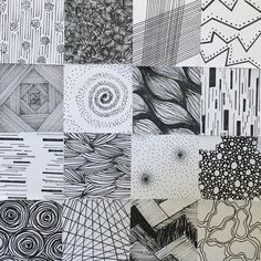 black and white art work with many different patterns on the paper, including lines, circles,