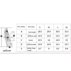 the size chart for an unisex glove, with measurements and instructions on it