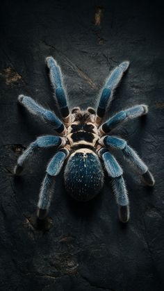 a blue tarant spider on a black surface with its head turned to the side