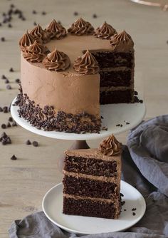 a chocolate cake with one slice cut out and the other half on a white plate