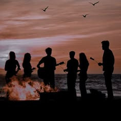 a group of people standing around a campfire with birds flying over the water in the background