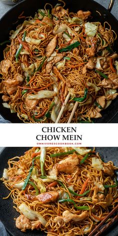 chicken chow mein in a wok with chopsticks