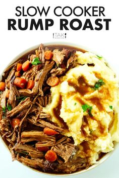 slow cooker beef roast with mashed potatoes and carrots in a white bowl