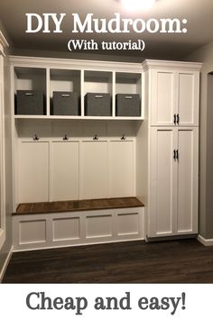 an empty mudroom with white cupboards and wooden bench in the center, text overlay reads diy mudroom with tutor