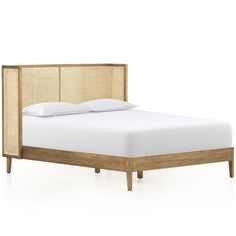 a bed with white sheets and wooden headboard on top of it, against a white background