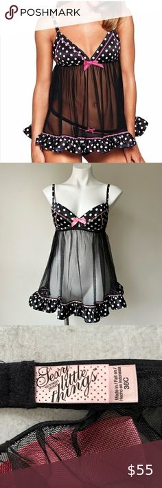 VICTORIA'S SECRET Sexy Little Things Polka Dot Pink Bows Babydoll Chemise 36C