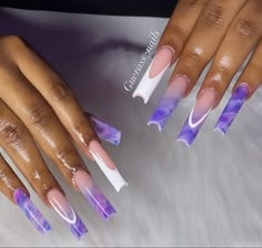 Purple Acrylic Nails Black Women, Purple Marble French Tip Nails, Purple Long Nails Designs, Purple Tapered Square Nails, Blue And Purple Acrylic Nails, Purple And Blue Acrylic Nails, Purple Freestyle Nails, Bratz Nails Acrylic, Purple Nail Sets