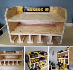 the workbench is made out of plywood and has tools on it for storage