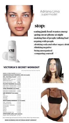 an ad for victoria's secret workout with pictures of the model and ingredients