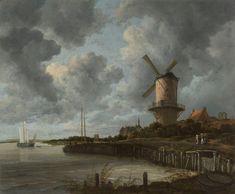 a painting of a windmill and boats in the water