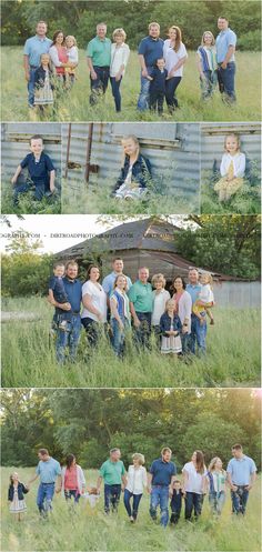 the family is posing for pictures in the field with their two children and one adult