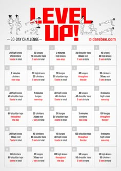 the 30 - day level up workout plan is shown in red and white with an image of