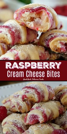 raspberry cream cheese bites are stacked on top of each other and ready to be eaten