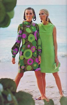 Summer Holidays! Pattern No. 7306 Sizzle colours circle all around this slim silk dress, draped softly from the neckline with long billowy raglan sleeves. No. 7308 Simplicity of lines combined with a rich lime green crepe creates this marvellous A-shaped dress. The focal point is the cowl neck that folds into a square yoke. 1964 Fashion, 60s Fashion Vintage, 60s Vintage Fashion, Crazy Fashion, Lime Green Dress, Circle Fashion