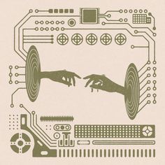 two hands touching each other in front of a circuit board with electronic components on it