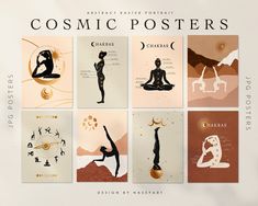 a series of posters with different types of people doing yoga and meditations on them