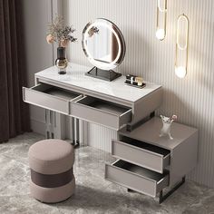 a vanity table with drawers and a stool in front of it, next to a mirror