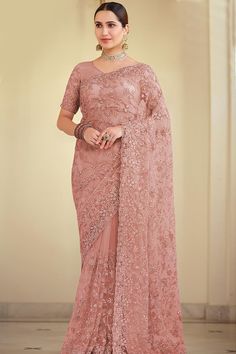 Buy Net Embroidered Saree in Peach Pink Net Saree, Net Saree Blouse Designs, Net Saree Blouse, Peach Color Saree, Cutdana Work, Peach Saree, Net Blouses, Indian Designer Sarees, Gaun Fashion