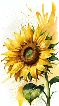 a painting of a sunflower with watercolor splashes on the petals and leaves