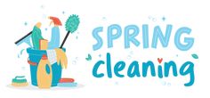 the words spring cleaning are written in blue and green lettering on a white background with various cleaning supplies