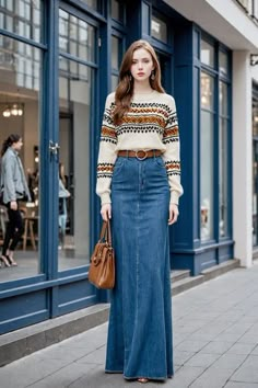 Vintage Denim Skirt Outfit, Denim Maxi Skirt Outfit Fall, Long Denim Skirt Outfit Winter, Denim Skirt Outfit Winter, Denim Skirt Outfit, Skirt Outfit Fall, Outfit Retro, Vintage Denim Skirt, Comfy Casual Outfits