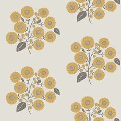 four yellow flowers with green leaves on a white wallpapered background in grey and gold