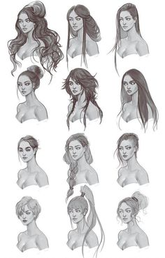 the different hairs styles for women with long hair and no bras are shown in this drawing