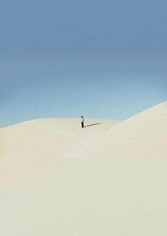 a lone person standing in the middle of a large sand dune with blue skies above