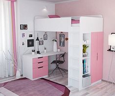 a pink and white loft bed with desk underneath