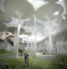 an artist's rendering of the interior of a modern building with columns and stairs