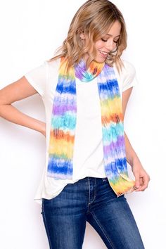 Beautiful Oblong Scarf with fun, colorful multicolor print. Easy to wear - add a little bit of brightness to your wardrobe - wear it multiple ways. Pair it as a scarf with solid color tops or wear as a shawl cover up with a sleeveless dress. Perfect item to take from spring into summer. *92% polyester, 8% spandex (soft mesh texture and has some stretch to it) Made in USA Bohemian Multicolor Scarves, Casual Multicolor One-size Infinity Scarf, Casual Multicolor One Size Infinity Scarf, Casual White Scarves, Casual Multicolor Scarves, Trendy Multicolor Spring Scarves, Trendy Multicolor Scarves For Spring, Bohemian Tie-dye Scarves, Bohemian Tie Dye Scarves