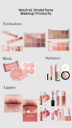 Makeup products for neutral undertone girlies! #makeup #neutralundertone #makeupproducts #eyeshadow #blushon #highlighter #lippies Make Up For Neutral Skin Tone, Simple Neutral Makeup Looks, Neutral Tones Makeup, Eyeshadow For Neutral Skin Tone, Neutral Makeup Eyeshadow, Blush For Neutral Undertones, Natural Vs Neutral Makeup