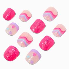 Claire's Club Pink Squiggle Square Press On Vegan Faux Nail Set - 10 Pack Press On Nails From Claires, Press On Nails For Kids, Claire's Nails, Faux Nails, Crown Hair Clip, Sensitive Ears Earrings, Piercing Kit, Daisy Design, Pencil Case Stationery