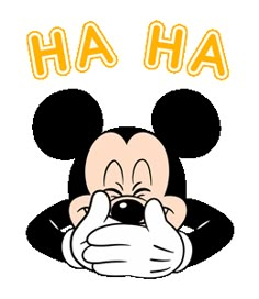 a mickey mouse with the word ha on it's face in front of him