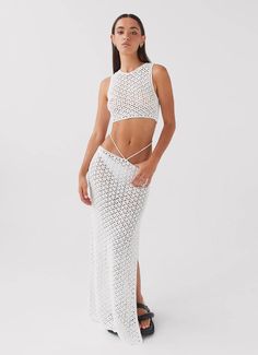 Mabel Bay Crochet Maxi Skirt - White – Peppermayo US Sorority Rush Outfits, Rush Outfits, Crochet Maxi Skirt, Skirt Crochet, Crochet Maxi, Crochet Tank Top, Crochet Fabric, Long Sleeve Knit Dress, Crochet Tank