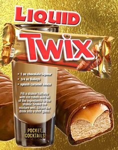 an advertisement for liquid twix with chocolate and peanut butter