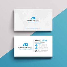 two business cards with the letter m on them, both in blue and white colors