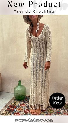 Somewhere Sunny Hollow Out Tassel Long Sleeve Knit Beach Maxi Dress Chic Knit Maxi Dress For Beach, Knit Cover-up For Beach Party In Spring, Knit Cover-up For Spring Beach Party, Long Sleeve Cover-up For Beach Season, Knit Beachwear Dresses For Vacation, Knit Cover-up For Fall Vacation, Casual Long Sleeve Maxi Dress For Beach Season, Beachy Long Sleeve Maxi Dress For Spring, Knitted Summer Dress For Vacation