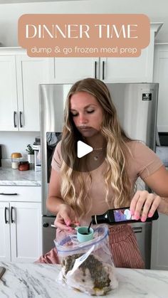 a woman preparing food in her kitchen with the words dinner time dump and go frozen meal prep