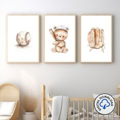 three pictures of teddy bears and baseballs on the wall in a child's room