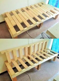 two pictures of a bed frame made out of wooden pallets and some wires on the floor