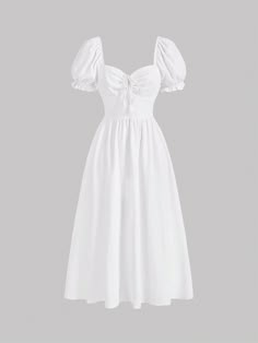 White Casual Collar Short Sleeve Woven Fabric Plain A Line Embellished Slight Stretch  Women Clothing Sweetheart Neckline White Dress, White Graduation Dress With Sleeves, Graduation Dress Modest, White Dress Simple, Best Graduation Dresses, Promotion Dresses, Kawaii Outfit Ideas, Dresses Graduation, Fashion Top Outfits