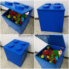 four pictures of the inside of a lego storage box