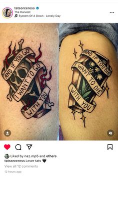 two tattoos on the legs of people