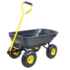 a black plastic wagon with yellow wheels