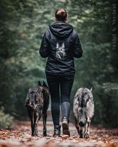 a woman walking with two dogs on a path in front of some trees and leaves